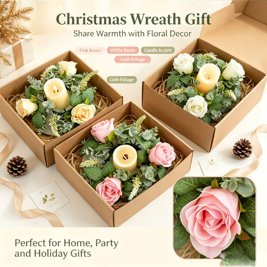 Christmas Wreath Fake - Karangan Bunga Mawar Buatan Berbentuk Karangan